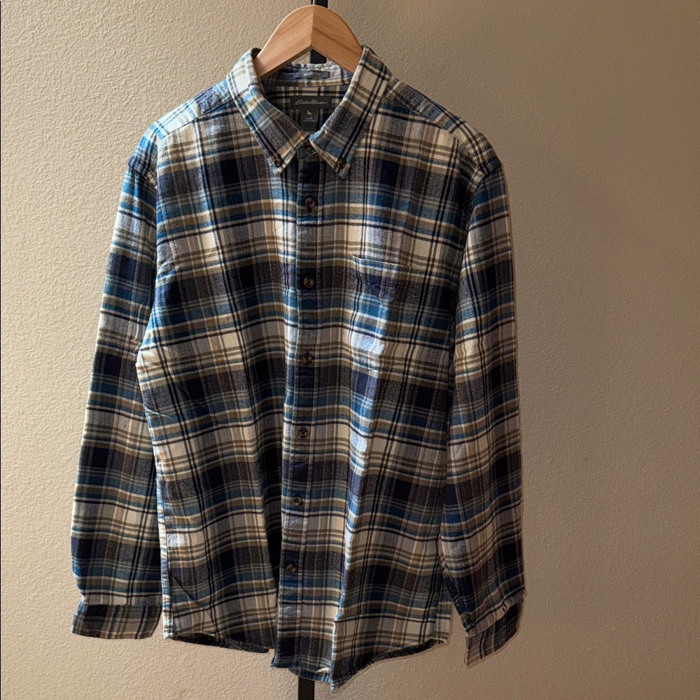 VTG Eddie Bauer Relaxed Fit Button Up Flannel Plaid Shirt Blue Cream Men’s Sz L